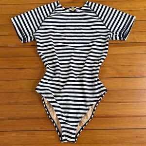 JCrew Open-Back Short-Sleeve One-Piece Swimsuit Classic Navy Stripe S12 Nautical